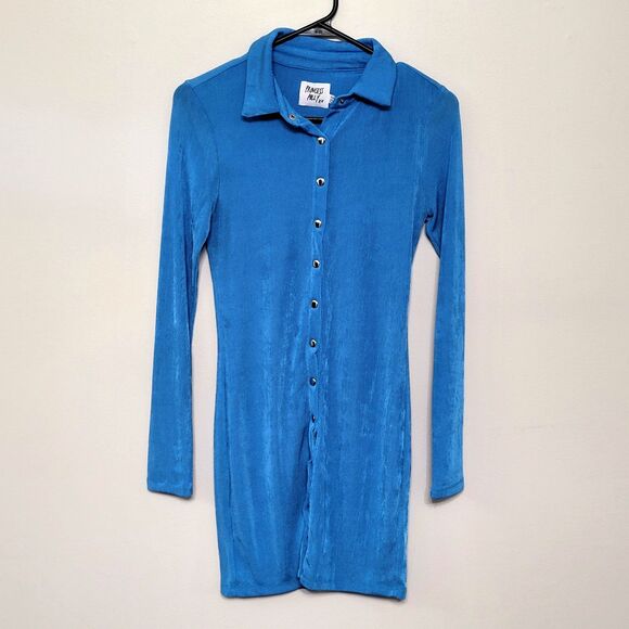 Princess Polly Blue Button Front Long Sleeve Collared Mini Dress Sz 4 - Picture 2 of 5